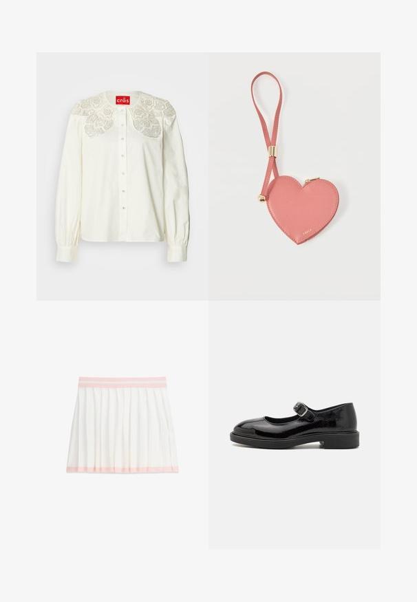 Chemise blanche boutonnée avec col en dentelle brodée décorative. Présente des manches longues avec poignets froncés et une coupe décontractée.; Jupe plissée blanche avec ceinture et bordure rose pâle, longueur genou, vue à plat sur fond blanc.; Chaussure Mary Jane en cuir verni noir avec bout rond, bride à boucle ajustable, faible talon bloc et finition lisse et brillante.; Pochette à pièces en cuir rose en forme de cœur avec sangle de poignet et fermeture éclair dorée, marquée d’un petit texte doré "Furla".