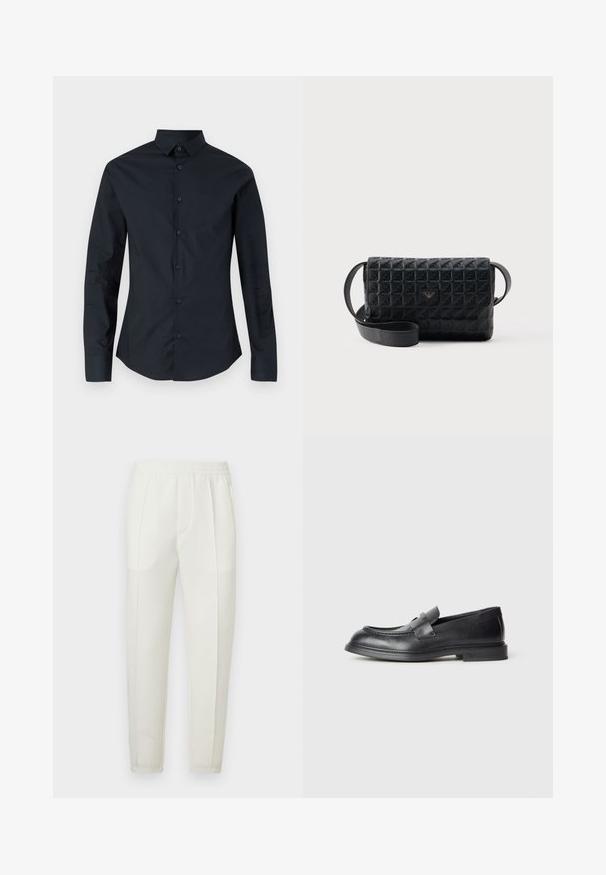 Chemise noire à manches longues avec un col pointu, fermeture à boutons sur le devant et coupe slim. Confectionnée en tissu lisse, elle présente un discret broderie de logo.; Pantalon blanc coupe slim avec une taille élastique, doté de deux poches latérales et d'une texture lisse légèrement brillante.; Mocassins en cuir noir avec une finition texturée, dotés d'une bride décorative à l'avant et d'un bout arrondi. Semelle en caoutchouc pour plus de durabilité.; Sac bandoulière noir texturé avec une fermeture à rabat et un petit logo en métal sur le devant, présenté sur un fond uni.