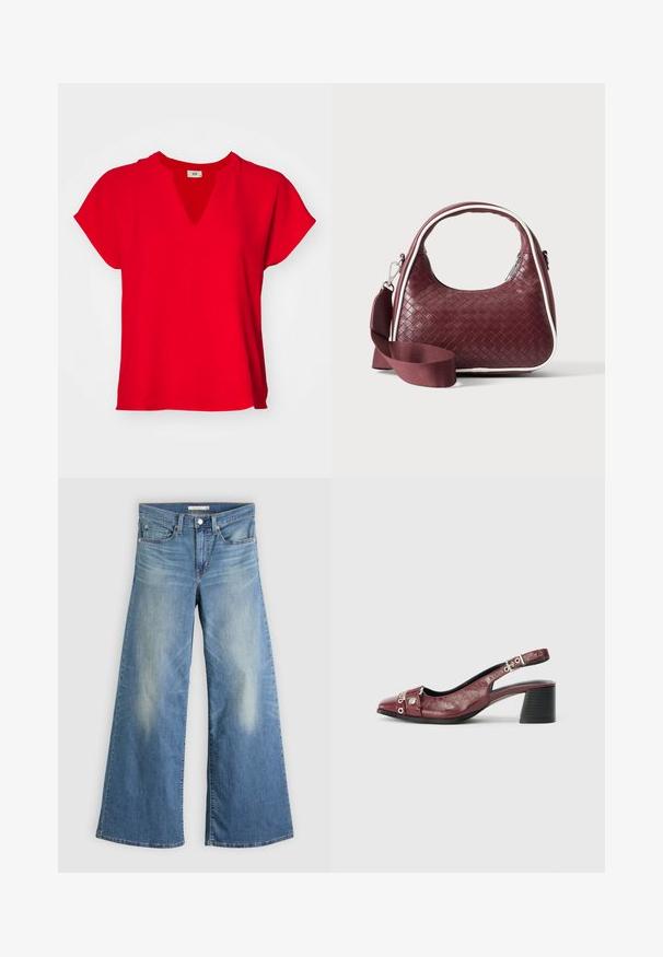 Rød kortærmet top med V-hals og løs pasform. Fremstillet af blød stof med en glat tekstur og uden synlige mønstre eller detaljer.; Lyseblå vidbenede jeans lavet af denim. Har høj talje, forlommer og falming langs lårene. Detaljer med rå kant.; Bordeauxfarvet læderslippersko med rund tå, buet design, sølvhardwaredetaljer og blokhæl. Tekstureret finish.; Mørkerød vævet lædertaske med buet hank, hvid kant, sølv lynlås og aftagelig bred stofskulderrem mod en ensfarvet baggrund.