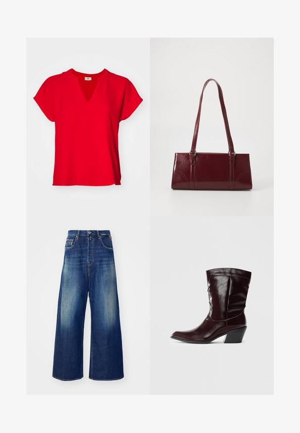 Rød kortærmet top med V-hals og løs pasform. Fremstillet af blød stof med en glat tekstur og uden synlige mønstre eller detaljer.; Bredde ben denim jeans i mørkeblå med lys fading, fem lommer og kontraststing. Knap- og lynlåslukning foran.; Bordeaux læder ankelstøvler med spids tå, tekstureret overflade og en lav, taperet hæl. Har diskrete søm og en tætsiddende pasform.; Bordeaux håndtaske lavet af glansfuldt materiale, rektangulær form, med to skulderremme og subtile buede detaljer på forsiden.