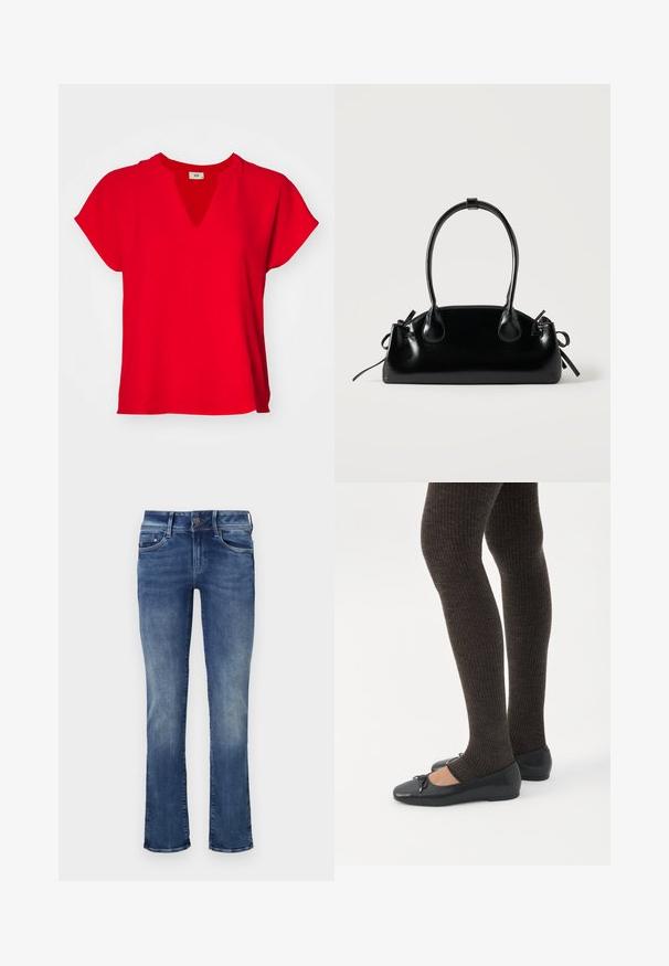Haut rouge à manches courtes avec un décolleté en V et une coupe ample. Fabriqué en tissu doux avec une texture lisse et sans motifs ni accents visibles.; Jean en denim bleu moyen avec une légère décoloration. Comprend un design standard à cinq poches et une fermeture éclair avec un bouton. Coupe droite.; Jambes portant des leggings côtelés foncés associés à des ballerines noires avec de petits détails en nœud sur fond blanc.; Petit sac à main noir brillant avec deux longues anses et des détails à cordon sur les côtés sur un fond clair uni.