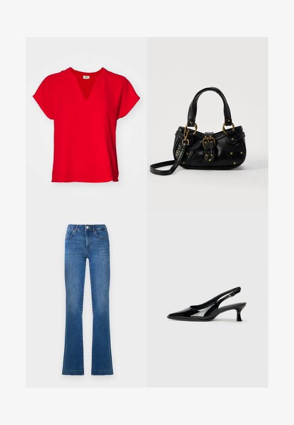Rød kortærmet top med V-hals og løs pasform. Fremstillet af blød stof med en glat tekstur og uden synlige mønstre eller detaljer.; Blå flagrende jeans lavet af denim, med et klassisk fem-lomme design, en frontknaplukning, og let falmede områder på lårene.; Sorte patenterede slingback-sko med spidse tæer og lav blokhæl. Justerbar spænde-rem ved anklen.; Sort læderhåndtaske med guldbælge og nitdetaljer, korte håndtag og en justerbar skulderrem på en ensfarvet hvid baggrund.
