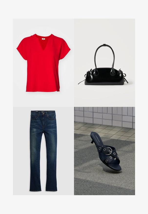 Top corto rojo de manga corta con cuello en V y corte holgado. Está hecho de una tela suave con una textura lisa y sin patrones ni adornos visibles.; Jeans de mezclilla azul oscuro con un diseño de pierna recta, estilo de cinco bolsillos y un sutil detalle de desgaste en la parte delantera.; Sandalia negra de tacón con tiras cruzadas que presentan ojales plateados y una hebilla redonda, situada sobre un pavimento texturizado junto a una pared con azulejos.; Pequeño bolso negro brillante con dos asas largas y detalles de cordón lateral sobre un fondo claro liso.