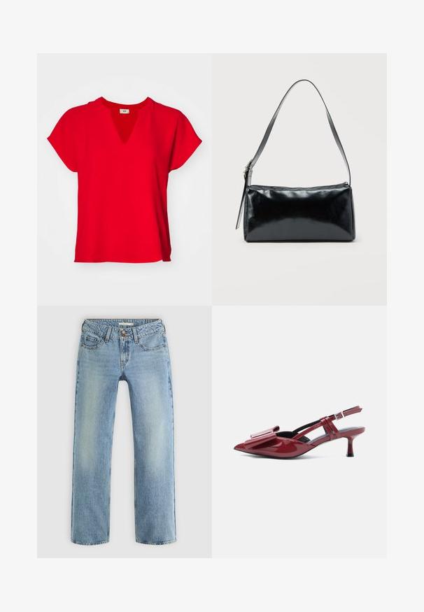 Rode korte mouwen top met een V-hals en een losse pasvorm. Gemaakt van zachte stof met een gladde textuur en zonder zichtbare patronen of accenten.; Lichtblauwe rechte jeans van denim, met een knoopsluiting, vijf zakken en subtiele vervaging langs de benen.; Rode patenten leren slingback kitten heels met een spitse neus en grote strikdetail op de bovenkant tegen een witte achtergrond.; Zwarte rechthoekige schoudertas met een enkele verstelbare band en een bovenste ritssluiting op een effen achtergrond.