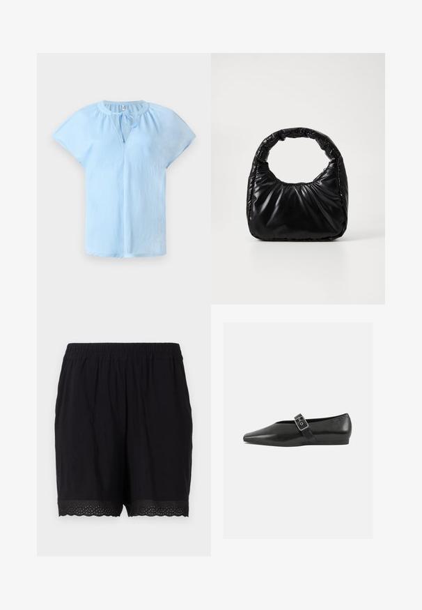 Blouse bleu clair à manches courtes avec un col rond et un détail à nouer à l'avant. Fabriquée en tissu doux et léger avec une coupe décontractée.; Shorts noirs en coton avec une taille élastique et un ourlet festonné, comportant des détails perforés sur les bords. Tissu doux et léger.; Chaussure plate en cuir noir avec un orteil pointu, présentant une sangle à boucle métallique sur le cou-de-pied et une semelle basse et flexible.; Sac à main noir rembourré avec une poignée arrondie, présentant une surface lisse et brillante ainsi qu'une texture douce et matelassée. Pas de quincaillerie ou d'accents visibles.