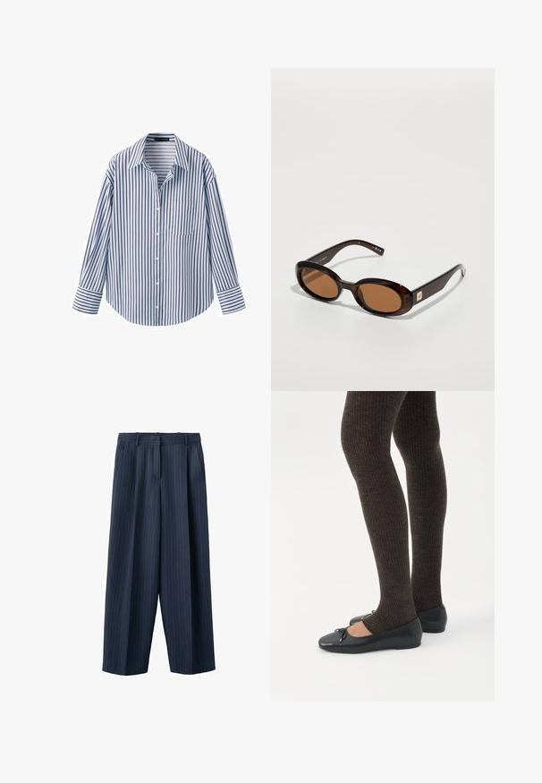 Chemise à manches longues avec boutons, à rayures verticales bleues et brunes, col pointu, poche poitrine avant et poignets à boutons.; Pantalon large à rayures fines bleu marine avec passants pour ceinture et poches latérales, confectionné avec un pli sur le devant et une fermeture éclair.; Jambes portant des leggings côtelés foncés associés à des ballerines noires avec de petits détails en nœud sur fond blanc.; Lunettes de soleil écaille de tortue marron avec des verres ovales, dotées d'une fine monture et d'un petit accent métallique sur le côté. Fini texturé et poli.