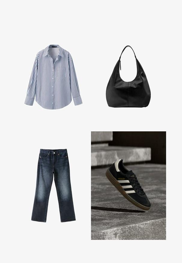 Chemise à manches longues avec boutons, à rayures verticales bleues et brunes, col pointu, poche poitrine avant et poignets à boutons.; Jean bleu foncé à jambes droites avec poches avant, passants de ceinture, fermeture par bouton et légère décoloration aux cuisses et aux genoux.; Baskets Adidas noires avec des bandes blanches et une semelle en gomme flottant au-dessus d'escaliers en béton gris sous une lumière naturelle.; Sac à main hobo décontracté en cuir noir avec une seule bandoulière large et un détail de tirette de fermeture éclair sur fond blanc uni.