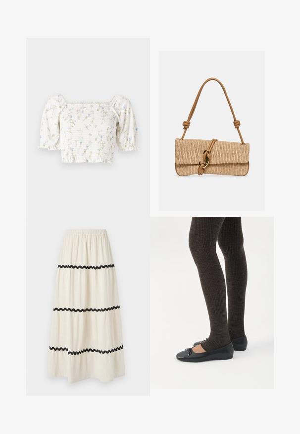 Blouse florale blanche avec des manches bouffantes courtes, un corsage froncé et de délicats motifs de fleurs bleues et jaunes.; Jupe longue à volants en tissu crème avec des bords ondulés noirs. Dotée d'une taille élastique pour plus de confort et d'un tomber fluide et léger.; Jambes portant des leggings côtelés foncés associés à des ballerines noires avec de petits détails en nœud sur fond blanc.; Sac à main rectangulaire tissé beige avec une sangle en cuir marron clair ornée de nœuds et une fermeture à crochet dorée sur un fond uni.