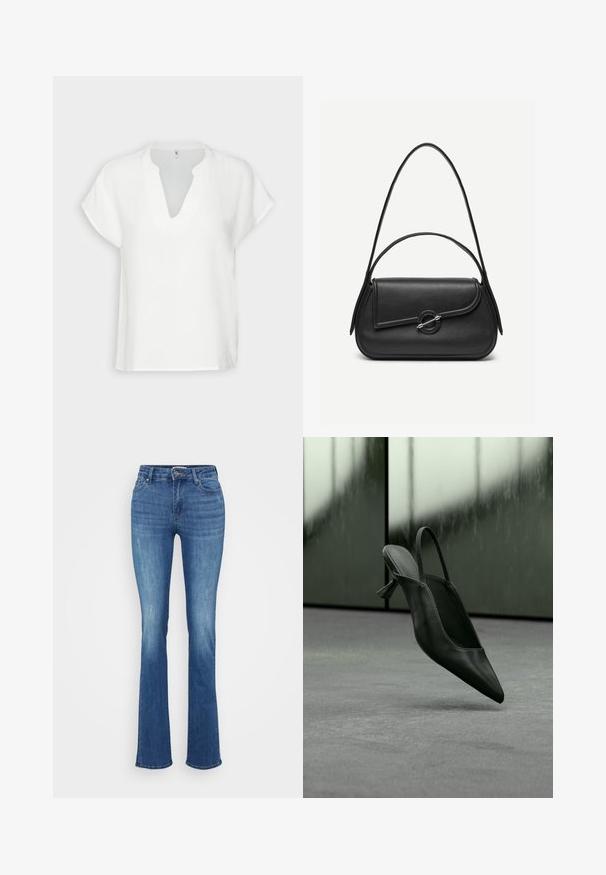 Haut blanc à manches courtes avec un décolleté en V, fabriqué dans un tissu texturé, présentant une coupe décontractée et des détails de coutures subtils.; ONLY Tall ONLWAUW MID WAIST - Jean slim - medium blue denim; Escarpin à talon haut en cuir noir avec bride arrière et bout pointu, flottant au-dessus d'un sol recouvert de moquette grise, mur verdâtre flou en arrière-plan.; Sac à main en cuir noir avec bords arrondis, rabat asymétrique, fermoir circulaire en métal, et des bandoulières courtes et longues.