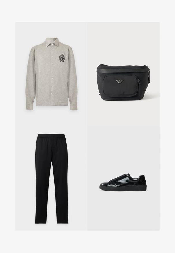Chemise gris clair à manches longues avec col pointu et logo ornemental noir en forme d'écusson sur le côté gauche de la poitrine.; Pantalon noir droit avec taille élastique, sans poches visibles ni motifs, présenté à plat sur un fond clair.; Baskets en cuir verni noir avec un bout arrondi, un laçage, une semelle en caoutchouc texturé et une finition lisse.; Sac banane noir avec poche avant zippée et logo aigle argenté, tissu lisse avec bordure texturée et tirettes de fermeture éclair.