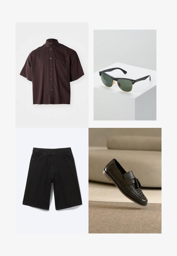Chemise à col et à manches courtes de couleur bordeaux foncé. Dotée de boutons sur le devant et d'une poche poitrine unique. Tissu lisse avec une coupe décontractée.; Short en jean noir longueur genou avec bouton à l'avant, passants de ceinture et cinq poches, présenté sur fond blanc.; Mocassin tissé en cuir noir avec pompons, posé avec la semelle inclinée vers le haut sur un tapis beige devant un canapé beige.; Lunettes de soleil Ray-Ban avec des verres verts, monture en plastique noir et accents dorés sur les bords. Forme carrée avec une finition mate.