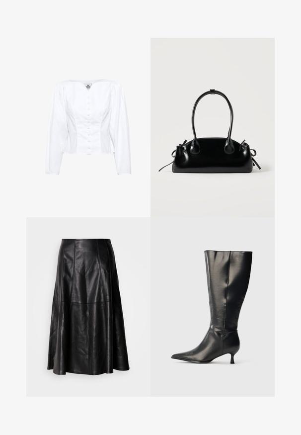 Blouse blanche courte avec un col carré, des manches longues bouffantes et une fermeture par boutons sur le devant. Tissu lisse avec une coupe ajustée et un léger brillant.; Jupe en cuir noir avec une silhouette évasée, présentant des coutures visibles et une texture lisse. Conception mi-longue avec une coupe classique.; Botte en cuir noire montant jusqu'au genou, avec un bout pointu et un petit talon bas, présentée sur un fond clair uni.; Petit sac à main noir brillant avec deux longues anses et des détails à cordon sur les côtés sur un fond clair uni.