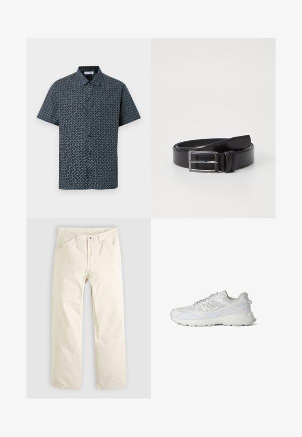 Chemise à manches courtes bleu marine avec un motif zigzag blanc. Elle dispose d'un col classique et d'une fermeture à boutons sur le devant. Tissu avec une texture lisse.; Pantalon en coton beige clair à coupe décontractée, jambes droites et poches avant. Doté d'une fermeture à boutons et d'un design simple et épuré.; Basket de sport basse blanche avec panneaux en mesh et cuir, semelle épaisse, fermeture à lacets et logo de marque sur le côté.; Ceinture en cuir noir au toucher lisse, dotée d'une boucle rectangulaire en argent et d'un double détail de broche. Design classique et polyvalent.