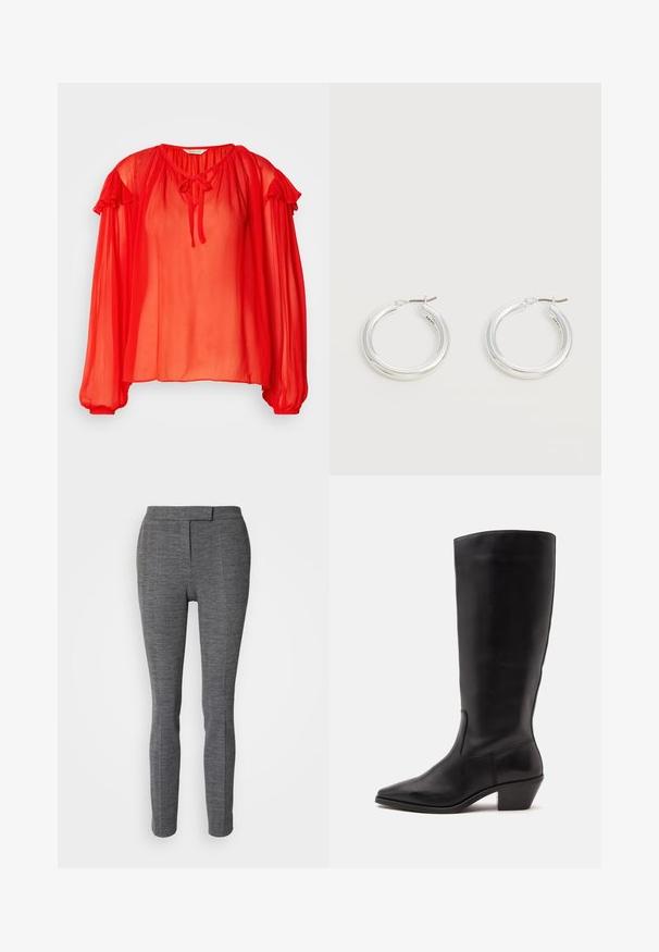 Blouse rouge transparente avec de longues manches à volants et un col à nouer. Tissu léger avec une coupe décontractée. Texture lisse et couleur vive.; Pantalons gris à motif chevron, avec une coupe ajustée, jambe slim et texture lisse. Dotés d'une taille avec un fermoir à l'avant et sans poches.; Botte en cuir noire mi-mollet avec un bout pointu et un talon bas incliné sur un fond clair uni.; Paire de boucles d'oreilles créoles moyennes argentées brillantes avec de fines attaches métalliques sur un fond clair et neutre.