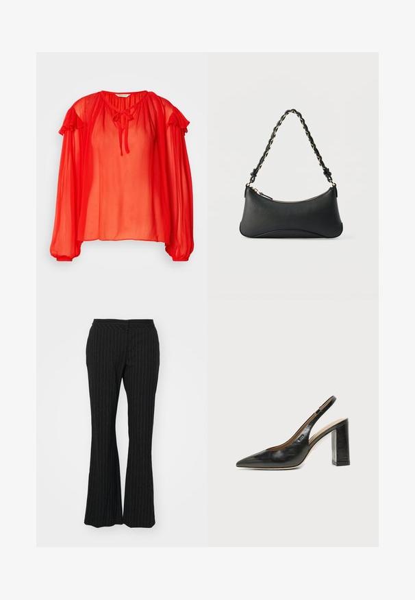 Blouse rouge transparente avec de longues manches à volants et un col à nouer. Tissu léger avec une coupe décontractée. Texture lisse et couleur vive.; Pantalons évasés noirs à rayures, présentant une texture lisse et une taille mi-haute, conçus avec une coupe ajustée et un éclat subtil.; Chaussure slingback en cuir noir à bout pointu avec un talon bloc haut et une doublure intérieure beige sur un fond clair uni.; Sac à bandoulière en cuir noir de forme rectangulaire incurvée, avec une chaîne dorée tissée dans la bandoulière noire tressée et une fermeture éclair sur le dessus.