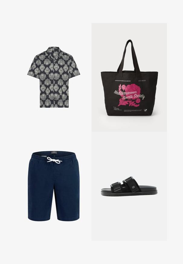 Lyhyet hihat, tummansininen kangaspaita, jossa on vaaleanpunainen kukka- ja paisley-kuvio. Paidassa on kaulus ja napitus edessä.; Navy blue uima shorts, joissa on elastinen vyötärö, valkoinen nauha ja sivutaskut. Sujuva pinta ja polvimittainen muotoilu.; Musta liukusandaali, jossa kaksi säädettävää hihnaa ja soljet, litteä pohja ja pieni suorakaiteen muotoinen logo ylähihoissa.; Mustan kankaisen olkalaukun, jossa on vaaleanpunaiset kukkakuvioinnit ja valkoinen teksti "Välimeren Urheiluseura." Laukussa on kaksi tukevasti käsiteltyä kahvaa ja tilava sisätila.