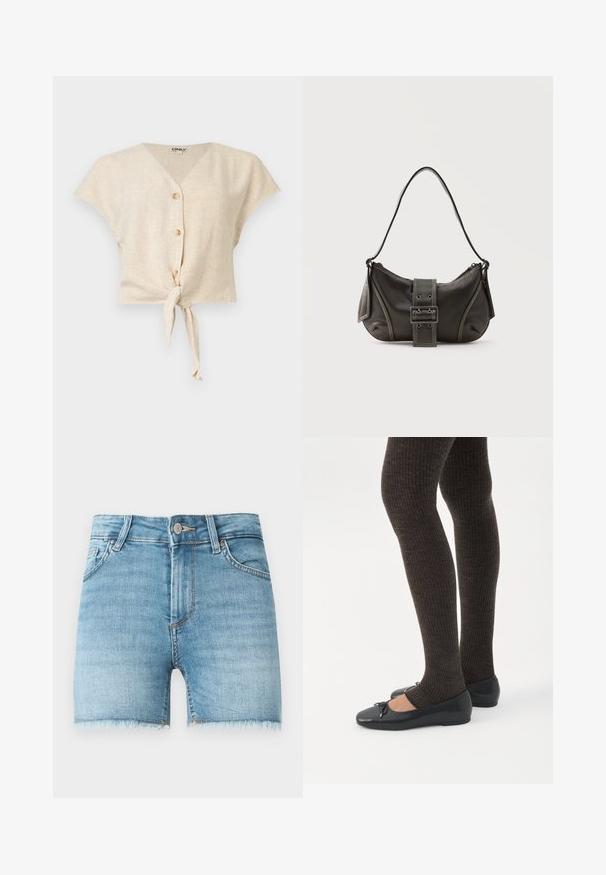 Blouse beige à manches courtes, col en V, trois boutons sur le devant et un nœud noué à l’avant au bas.; Shorts en denim bleu clair avec un ourlet effiloché, cinq poches et une fermeture à bouton à l'avant. Présente une légère décoloration et une coupe classique.; Jambes portant des leggings côtelés foncés associés à des ballerines noires avec de petits détails en nœud sur fond blanc.; Sac à épaule en cuir noir avec une sangle à boucle, des bords arrondis et des coutures blanches contrastées sur un fond uni.