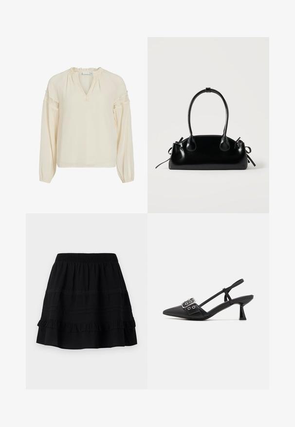 Blusa color crema con escote en V, cuello con volantes, mangas largas y detalles de encaje en los hombros. Confeccionada en un tejido ligero y suave.; Falda de algodón negra con un diseño de volantes en capas, que presenta una cintura elástica y adornos de costuras en contraste y bandas de encaje.; Simmi London DALA - Tacones - black; Pequeño bolso negro brillante con dos asas largas y detalles de cordón lateral sobre un fondo claro liso.
