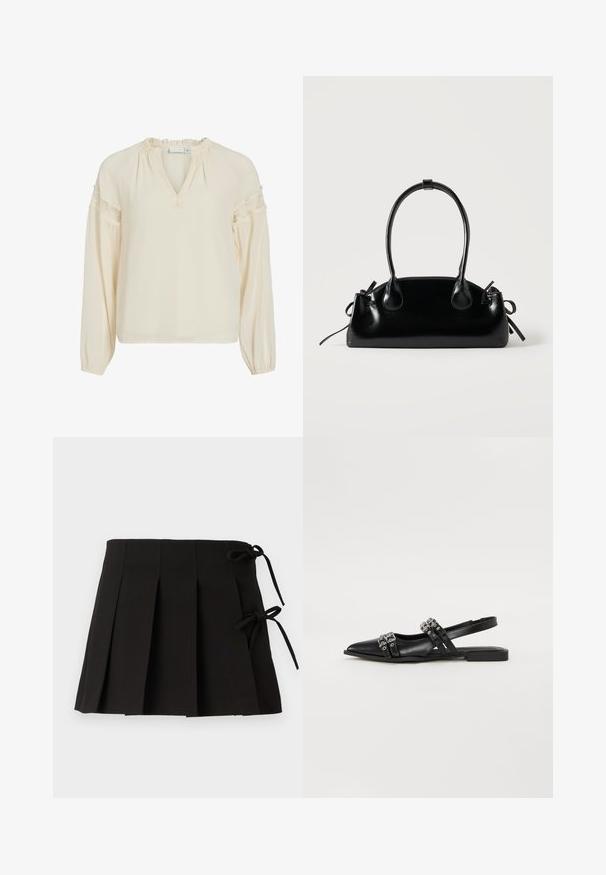Blusa color crema con escote en V, cuello con volantes, mangas largas y detalles de encaje en los hombros. Confeccionada en un tejido ligero y suave.; Falda plisada negra con lazos laterales, hecha de una tela de textura suave; presenta un diseño estructurado y líneas limpias.; Even&Odd Bailarinas con tira trasera - black; Pequeño bolso negro brillante con dos asas largas y detalles de cordón lateral sobre un fondo claro liso.