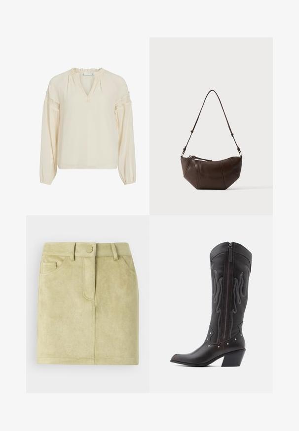 Blusa color crema con escote en V, cuello con volantes, mangas largas y detalles de encaje en los hombros. Confeccionada en un tejido ligero y suave.; Mini falda de ante en verde claro. Cuenta con una cintura ajustada, dos bolsillos frontales y un cierre delantero con un botón redondo. Textura suave.; Botas de cowboy de cuero marrón con costuras en forma de llama, cremallera lateral, tachuelas plateadas, punta puntiaguda y tacón apilado.; Bolso de hombro de cuero marrón con fondo curvado y correa ajustable sobre un fondo claro y liso.