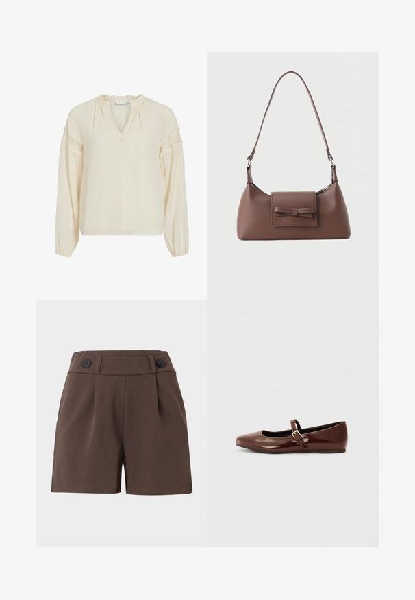 Blusa color crema con escote en V, cuello con volantes, mangas largas y detalles de encaje en los hombros. Confeccionada en un tejido ligero y suave.; Pantalones cortos marrones hechos de una tela texturizada, con una cintura alta, pliegues y dos botones negros en la parte delantera. Diseño ajustado con bolsillos laterales.; Bailarina de charol marrón con punta cuadrada y tira que presenta una pequeña hebilla dorada. Textura suave, tacón bajo y diseño minimalista.; Bolso bandolera de cuero marrón con un bolsillo frontal de solapa que presenta un detalle de moño cosido y una correa ajustable.
