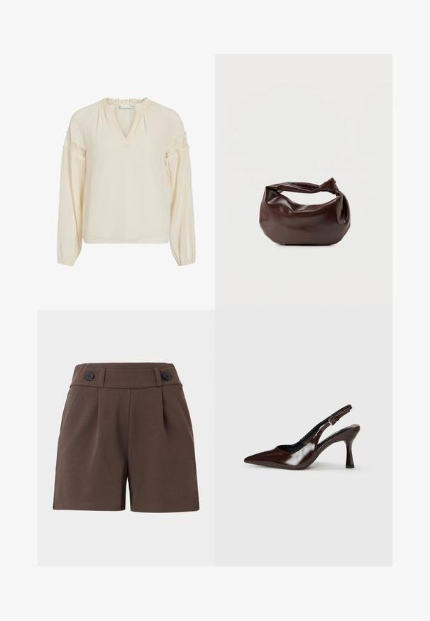 Blusa color crema con escote en V, cuello con volantes, mangas largas y detalles de encaje en los hombros. Confeccionada en un tejido ligero y suave.; Pantalones cortos marrones hechos de una tela texturizada, con una cintura alta, pliegues y dos botones negros en la parte delantera. Diseño ajustado con bolsillos laterales.; Zapatos de tacón slingback de charol marrón con punta afilada, tacón delgado y correa ajustable con una pequeña hebilla.; Bolso de hombro de cuero marrón oscuro con una forma suave y caída, y un asa con nudo torcido sobre un fondo blanco liso.