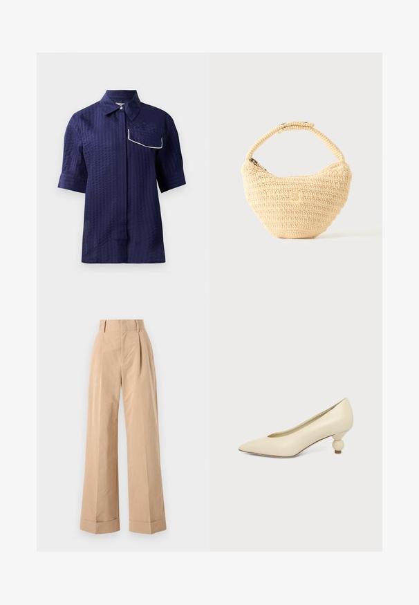 Marineblaues Kurzarmhemd mit strukturiertem Muster, mit Kragen und einer weißen Paspeltasche auf der linken Seite. Leichter Stoff.; Beige weit geschnittene Hose mit hoher Taille, mit Falten und glatter Textur. Die Säume sind umgeschlagen, was eine strukturierte Note hinzufügt.; Damenpumps in cremefarben mit spitz zulaufender Schuhspitze und niedrigem, kugelförmigem Absatz vor einfarbigem Hintergrund.; Beige gewebte Handtasche mit rundem Körper, Reißverschluss und kurzem, dickem Riemen in einfachem, strukturiertem Häkelstil.