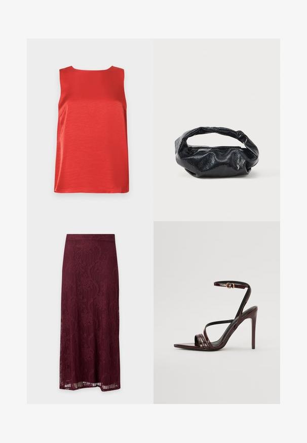 Haut rouge sans manches en tissu lisse, à silhouette droite et encolure ronde. Présente des coutures latérales pour un effet cintré.; Jupe midi en dentelle bordeaux à motif floral et coupe droite, avec une surcouche en dentelle semi-transparente et une ceinture unie.; Sandale à talons hauts en cuir verni bourgogne avec une bride de cheville, bout pointu et trois bandes horizontales sur le pied. Détail de boucle dorée.; Sac noir en matériau texturé et brillant avec une poignée circulaire torsadée et une fermeture éclair. Présente un design doux et froissé.