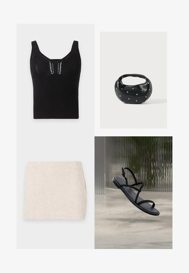 Sort strikket tanktop med ribbet tekstur, brede stropper og rund hals samt dekorative åben vævemønstre foran.; Beige linnedyr med et minimalistisk design, der har en glat tekstur og en subtil vævning. Det har en lige, simpel skæring uden synlige lukninger.; Sort minimalistisk flad sandal med tynde remme og spænde, der svæver over en betongulv og en tekstureret glasbaggrund.; Sort læderhåndtaske med en rundet form, dekoreret med sølvnitter, og et kort håndtag. Glat tekstur og lynlåslukning.