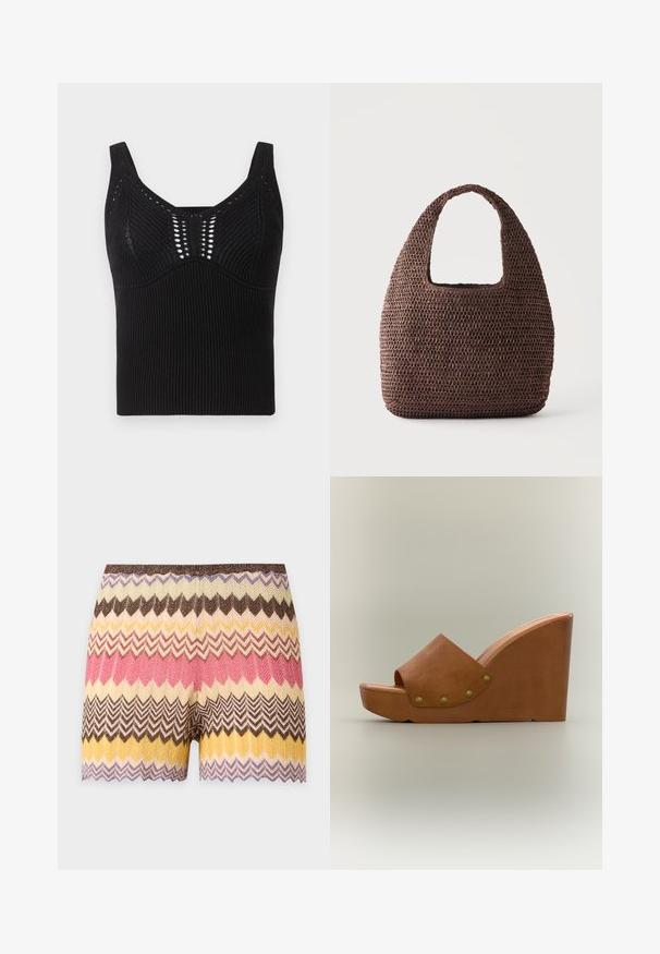 Débardeur noir en tricot avec une texture côtelée, des bretelles larges et une encolure dégagée, agrémenté de motifs en tissage ouvert décoratifs à l'avant.; Shorts en maille avec motif zigzag dans des tons marron, crème, jaune, rose et violet, avec un ourlet festonné.; Sandale compensée en cuir marron avec bout ouvert, semelle plateforme en bois et quatre clous en laiton le long de la lanière latérale.; Sac tote marron en crochet avec une large anse et une forme rectangulaire arrondie sur fond uni clair.