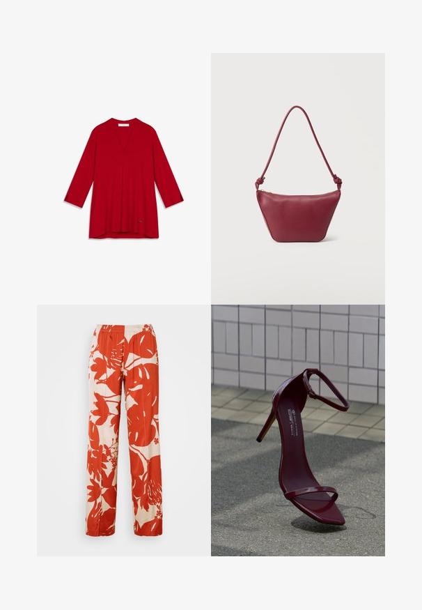 Blouse rouge à col en V avec manches trois-quarts, en tissu lisse. Présente un ourlet discret et un petit logo d'accent en bas.; Pantalons larges à motifs floraux rouges et crème avec une taille élastique. Le tissu a une texture lisse et présente de grands motifs de feuilles et de fleurs.; Sandale à talon haut bordeaux unique avec bride à la cheville, posée sur un trottoir gris devant un mur carrelé.; Petit sac à bandoulière en cuir marron foncé avec bandoulière nouée et fermeture éclair supérieure, sur un fond clair uni.