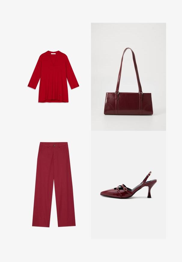 Blouse rouge à col en V avec manches trois-quarts, en tissu lisse. Présente un ourlet discret et un petit logo d'accent en bas.; Pantalons larges en tissu lisse et texturé de couleur rouge profond. Comprend des poches avant et une fermeture à un bouton à la taille.; Escarpin slingback bordeaux brillant à bout pointu avec deux fines brides et petites boucles dorées à l'avant et à la cheville.; Sac à main bordeaux en matériau brillant, de forme rectangulaire, avec deux anses et des accents légèrement courbés à l'avant.