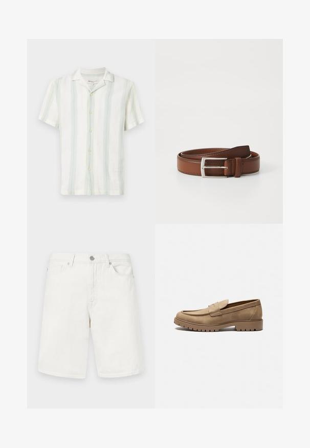 Camisa de manga corta con cuello en blanco, con rayas verticales en verde claro y azul. Tela texturizada con botones en la parte delantera y un dobladillo estándar.; Pantalones cortos de mezclilla blanca con un corte recto, que cuentan con bolsillos delanteros, cintura con lazo para cinturón y cierre de botón metálico. Textura suave.; Mocasines de gamuza color marrón claro con punta redondeada, suela plana de goma y costuras decorativas en la parte superior. Presentan un diseño sin cordones para poner y quitar fácilmente.; Cinturón de cuero marrón con un acabado liso, que presenta una hebilla de metal plateado y costuras sutiles a lo largo de los bordes. Diseño clásico y duradero.