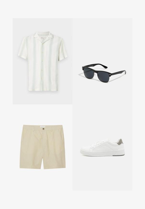 Kurzärmliges Hemd mit Kragen in Weiß, mit vertikalen Streifen in Hellgrün und Blau. Strukturierter Stoff mit vorderen Knöpfen und standardmäßigem Saum.; Beige Shorts aus leichtem Stoff, mit flachem Bund, Seitentaschen und einem einzigen Knopfverschluss am Bund.; Weißer Sneaker aus glattem Leder, runde Zehenpartie, minimalistisches Design, graue Fersenkante und strukturierte Gummisohle.; Schwarze Sonnenbrille mit rechteckiger Form, dunklen Gläsern, silbernen Akzenten an den Bügeln und mattierter Oberfläche des Rahmens.