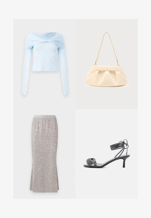Haut à manches longues bleu clair avec un design froncé dénudé des épaules et une texture douce, présentant un corps ajusté et des détails de couture subtils.; Jupe en sequins argentés, longueur genoux, avec une taille ajustée, présentant des motifs de brillance verticaux et des fentes latérales pour faciliter le mouvement.; Sandale à talon en cuir gris avec une bride nouée sur les orteils et des lacets enroulants autour de la cheville, sur un talon moyen et fin, sur fond blanc.; Sac à main en cuir couleur crème avec des plis froncés, des ferrures dorées, et une seule bandoulière fine sur un fond uni.