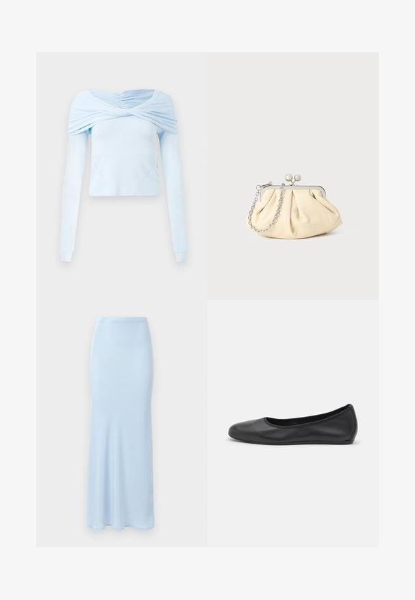 Lyseblå langærmet bluse med indsamlet off-shoulder design og blød tekstur, der har en tætsiddende pasform og diskret sømdetaljering.; Lyseblå, gulvlængde satin nederdel med en tætsiddende talje og en let flair i bunden på en hvid baggrund.; Sort læderballetsko med rund tå, glat tekstur, minimal syning og et fleksibelt såldesign.; Plisseret beige læderclutch med en sølvmetalramme, der har to runde dekorative låse og en sølvkædetrasporte.