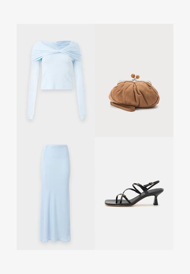 Lyseblå langærmet bluse med indsamlet off-shoulder design og blød tekstur, der har en tætsiddende pasform og diskret sømdetaljering.; Lyseblå, gulvlængde satin nederdel med en tætsiddende talje og en let flair i bunden på en hvid baggrund.; Sorte lakerede sandaler med stropper, kvadratisk tå og en lav blokhæl. Udstyret med guldfarvet hardware og justerbare ankelremme.; Lille blød brun ruskind clutch taske med rynket stof, metal-lukning, træperledekorationer og håndledsrem på hvid baggrund.
