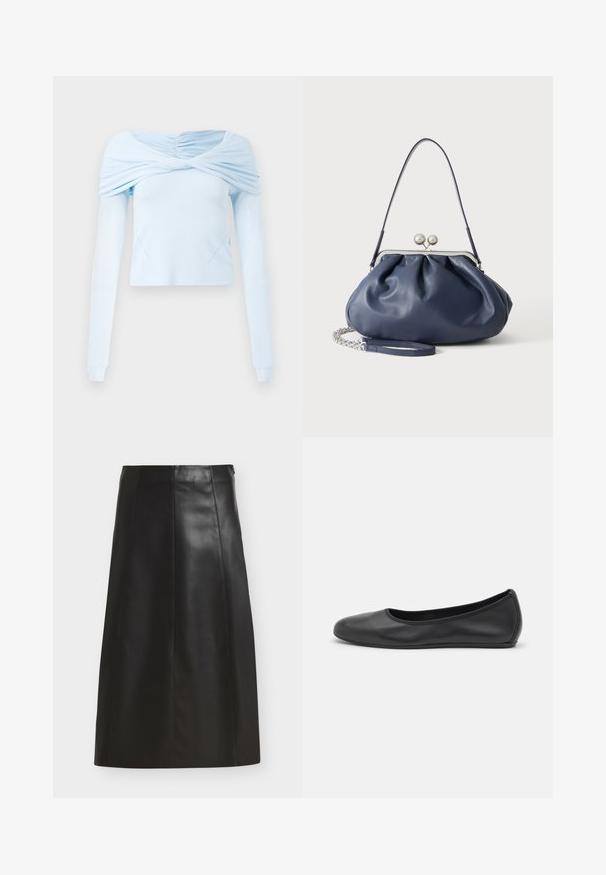 Lyseblå langærmet bluse med indsamlet off-shoulder design og blød tekstur, der har en tætsiddende pasform og diskret sømdetaljering.; Sort A-formet midi nederdel med syningspaneler og sidelukning med lynlås, vist mod en hvid baggrund.; Sort læderballetsko med rund tå, glat tekstur, minimal syning og et fleksibelt såldesign.; Blød navyblå læderhåndtaske med sølv lukning, enkelt skulderrem og aftagelig kæde til håndleddet på hvid baggrund.