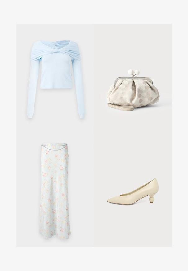 Helles blaues Langarmoberteil mit gerafftem Off-Shoulder-Design und weicher Textur, das einen figurbetonten Schnitt und subtile Nahtdetails aufweist.; Rabanne Maxirock - pink/blue/green/yellow; Damenpumps in cremefarben mit spitz zulaufender Schuhspitze und niedrigem, kugelförmigem Absatz vor einfarbigem Hintergrund.; Kleine beige Clutch mit strukturiertem Tupfenstoff, silbernem Rahmen, rundem weißem Verschluss und abnehmbarem Handgelenksriemen auf schlichtem Hintergrund.