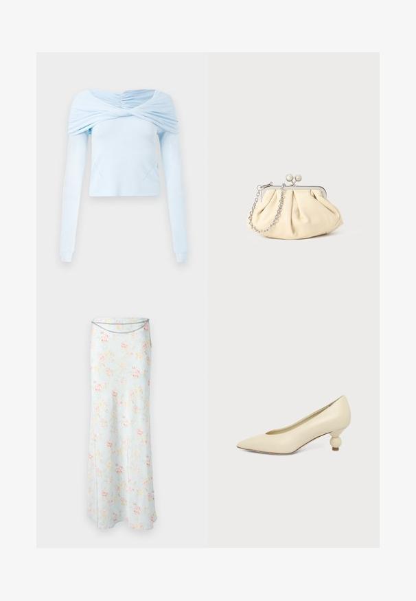 Lyseblå langærmet bluse med indsamlet off-shoulder design og blød tekstur, der har en tætsiddende pasform og diskret sømdetaljering.; Rabanne Maxinederdele - pink/blue/green/yellow; Kremfarvet damesko med spids snude og lav hæl, hvor hælen er rund og kugleformet, på en ensfarvet baggrund.; Plisseret beige læderclutch med en sølvmetalramme, der har to runde dekorative låse og en sølvkædetrasporte.