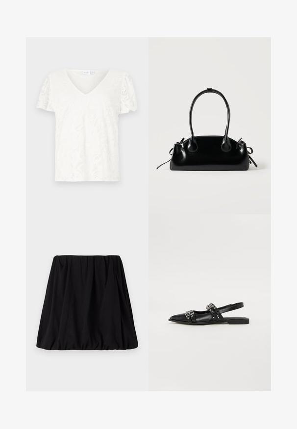 Camiseta blanca de manga corta con escote en V y textura de encaje floral, que presenta un corte ligeramente holgado y un material suave y ligero.; Falda negra, acampanada, hecha de una tela suave, con una cinturilla elástica y una silueta voluminosa. Sin patrones ni adornos visibles.; Even&Odd by Zalando Bailarinas con tira trasera - black; Pequeño bolso negro brillante con dos asas largas y detalles de cordón lateral sobre un fondo claro liso.