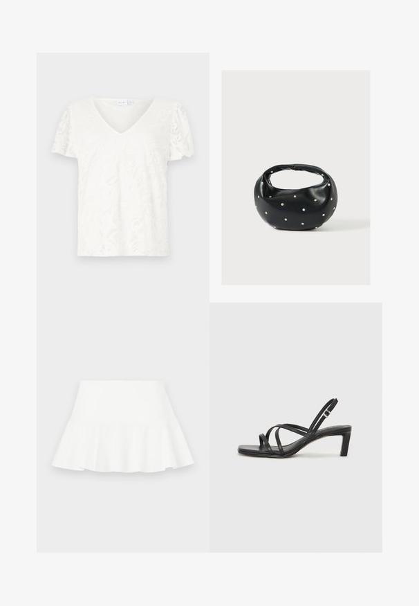 Hvid kortærmet t-shirt med V-hals og blomsterlacedesign, der har en let løs pasform og blødt, let materiale.; Hvidt flared nederdel med volangkant, glat tekstur og elastisk talje. Materialet virker let og åndbart.; Sort remsandale med firkantet tå og en lav blokeret hæl. Har flere tynde stropper og en justerbar ankelrem. Fremstillet af glat læder.; Sort læderhåndtaske med en rundet form, dekoreret med sølvnitter, og et kort håndtag. Glat tekstur og lynlåslukning.