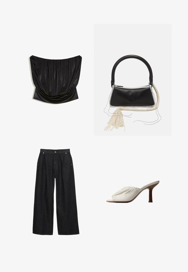 Haut noir en satin sans bretelles avec des détails froncés et une taille cintrée.; Pantalon en denim noir à jambes larges avec une taille haute, doté d'un bouton à l'avant, de deux poches latérales et de détails de couture subtils.; Mule blanche à bout ouvert avec dessus en cuir froncé et talon stiletto en bois courbé, vue de côté sur fond blanc.; Sac en cuir noir avec une poignée arrondie, fermeture éclair en argent, bordure en fourrure blanche et un long gland crème attaché à l'avant.