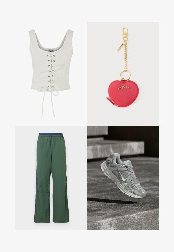 Hvid cropped top med brede stropper, snøring foran med brune øskner og bundet taljedetalje. Blødt stof med et minimalistisk design.; Grønne atletikbukser med bred benstil, der har en marineblå linning og sidelæg, lavet af let, tekstureret stof.; Grå Nike løbesko med mesh-overdel og polstret sål, der svæver over betontrapper.; Rød hjerteformet lædernøglering med guldfarvet lynlås, guldkæde og lås, mærket med "MARC JACOBS" i gyldne bogstaver.