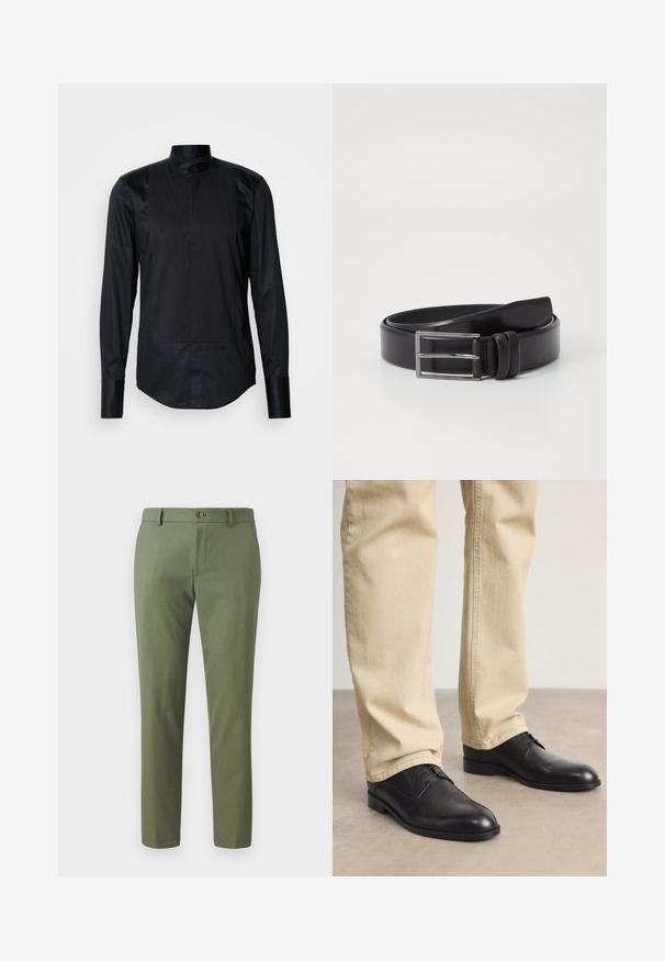 Sort langærmet skjorte med mandarin-krave, frontpanel med lodrette striber og glat tekstur. Kommer med knaplukninger.; Grønne bukser lavet af struktureret stof, med slim fit, lige ben og knaplukning foran. Velegnede til afslappet eller formelt brug.; Sorte læder snørebåndssko med rund tå, glat finish og diskrete syninger, båret med lyse beige bukser.; Sort læderbælte med en glat overflade, der har en sølv rektangulær spænde og dobbelt prong detalje. Klassisk og alsidig design.