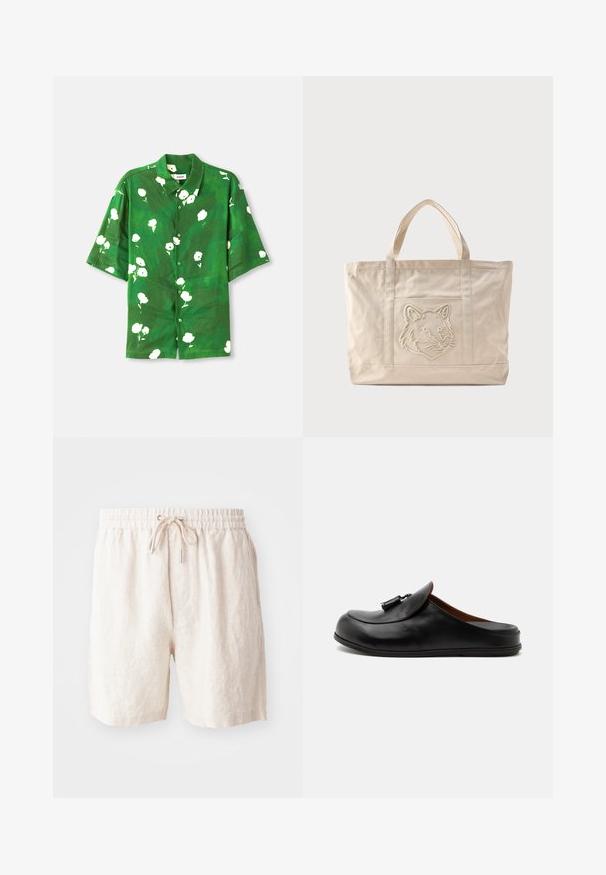 Kortærmet button-up skjorte i grøn stof med hvidt blomsterprint, der har en camp krave og afslappet pasform. Tekstureret, let materiale.; Beige linned-shorts med elastisk talje, justerbar snor og sidelommer. Blød tekstur med en afslappet pasform.; Sort læder rygfri loafer med kvaster på toppen, vist fra siden på en lys ensfarvet baggrund.; Beige lærredsnettaske med dobbelte håndtag og et præget ulvehoveddesign på forlommen.