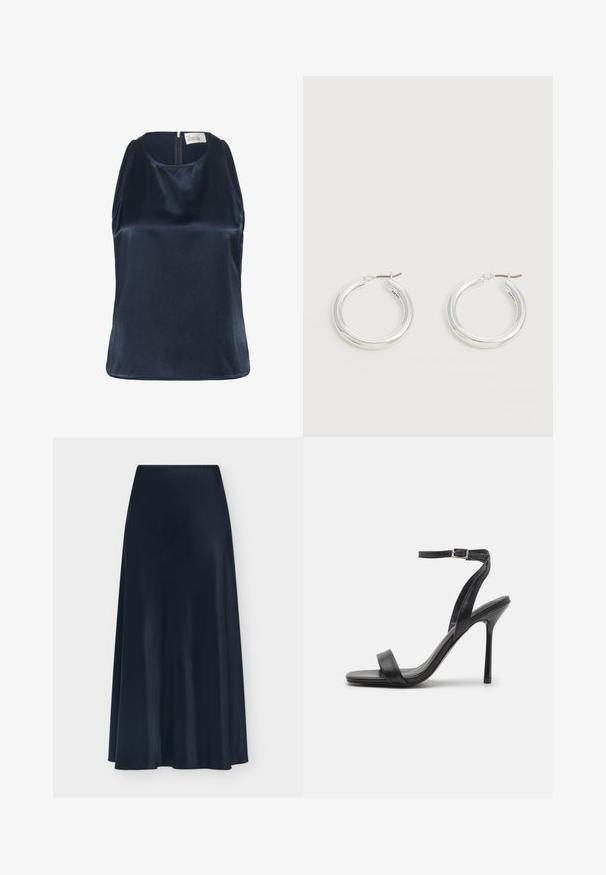 My Essential Wardrobe MWESTELLE - Débardeur - after midnight; Jupe midi en satin bleu marine avec une texture lisse et une légère évasement à l'ourlet, présentée sur un fond blanc uni.; Sandale à talons hauts noire avec une fine sangle au niveau de la cheville et deux bandes à l'avant. Fabriquée en cuir lisse avec un bout pointu élégant et un talon aiguille.; Paire de boucles d'oreilles créoles moyennes argentées brillantes avec de fines attaches métalliques sur un fond clair et neutre.