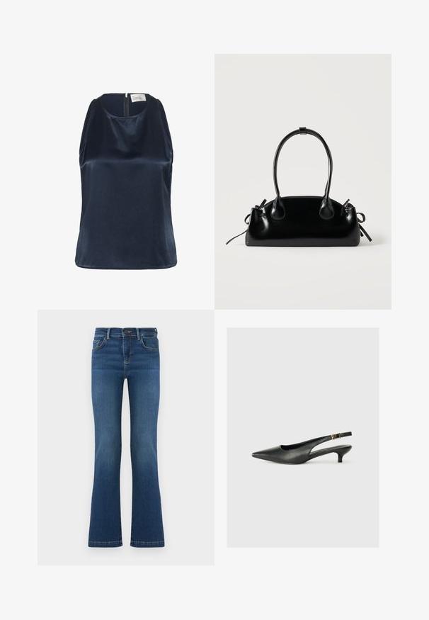 My Essential Wardrobe MWESTELLE - Débardeur - after midnight; Jean en denim bleu avec une coupe légèrement évasée, cinq poches, fermeture par boutons et passants pour ceinture, présenté sur un fond uni.; Chaussure slingback noire à bout pointu en cuir lisse. Présente un talon fin et un détail de boucle sur la sangle réglable.; Petit sac à main noir brillant avec deux longues anses et des détails à cordon sur les côtés sur un fond clair uni.