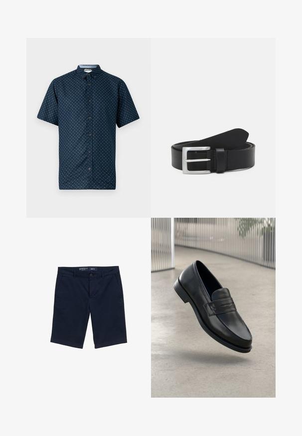 Korte ærmer navy knap-op skjorte med et lille hvidt bladmønster, krave og mørke knapper. Fremstillet af letvægtsstof, glat tekstur.; Marineblå shorts lavet af bomuldsblanding, med knaplukning, sidelommer og lige ben-design. Størrelse M label synlig.; Sort lædersko med glat tekstur, spids tå og en dekorativ rem over vristen. Letvægts sål, minimalistisk design.; Sort læderbælte med en glat overflade, sølv rektangulær spænde og en løkke til enden. Har pæne stikninger langs kanterne.