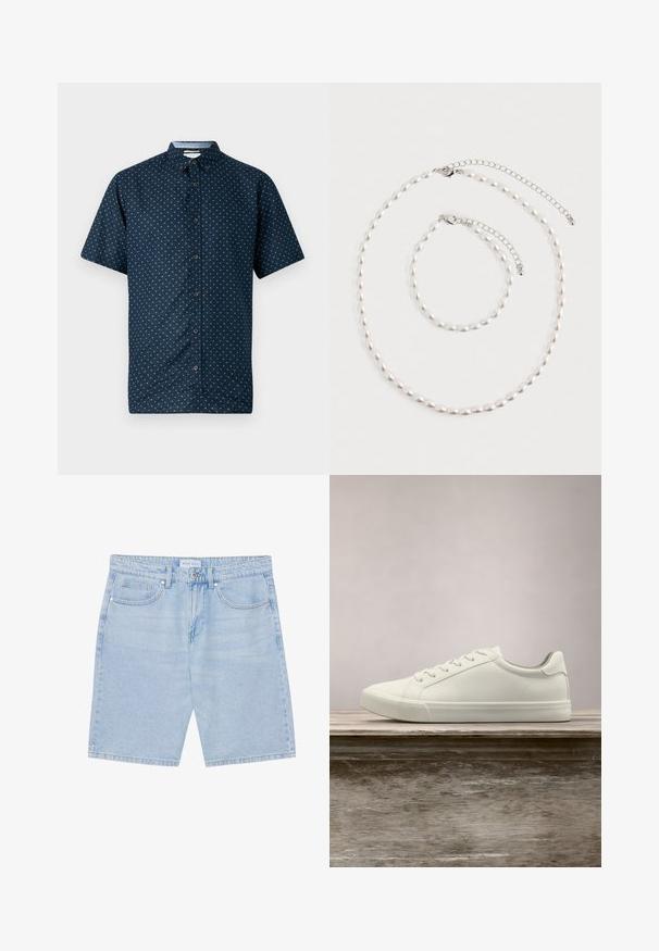 Korte ærmer navy knap-op skjorte med et lille hvidt bladmønster, krave og mørke knapper. Fremstillet af letvægtsstof, glat tekstur.; Lys blå denimshorts med lige snit, der har frontlommer, knaplukning og en slidt finish. Klassisk fem-lomme-design.; Hvide snørresneakers svævende over en træbænk med grønne planter i baggrunden, der fremhæver skodesign og tekstur.; Perle halskæde og matchende armbånd med sølv kæde låse arrangeret på en hvid baggrund.